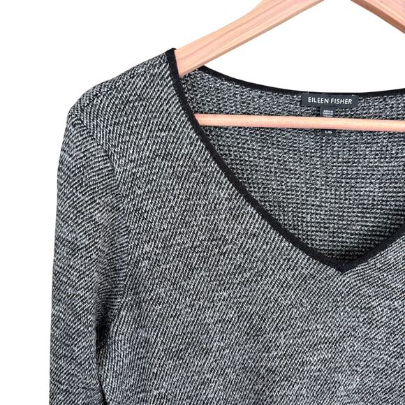 Eileen Fisher V Neck Wool Linen Sweater L Black White Capsule Minimalist - Picture 6 of 6